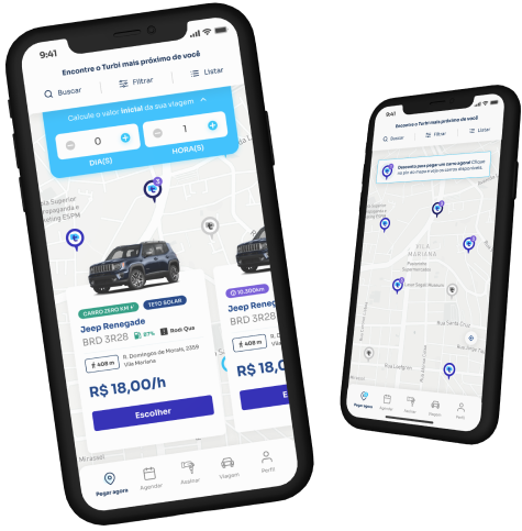 dois celulares mostrando o aplicativo da turbi